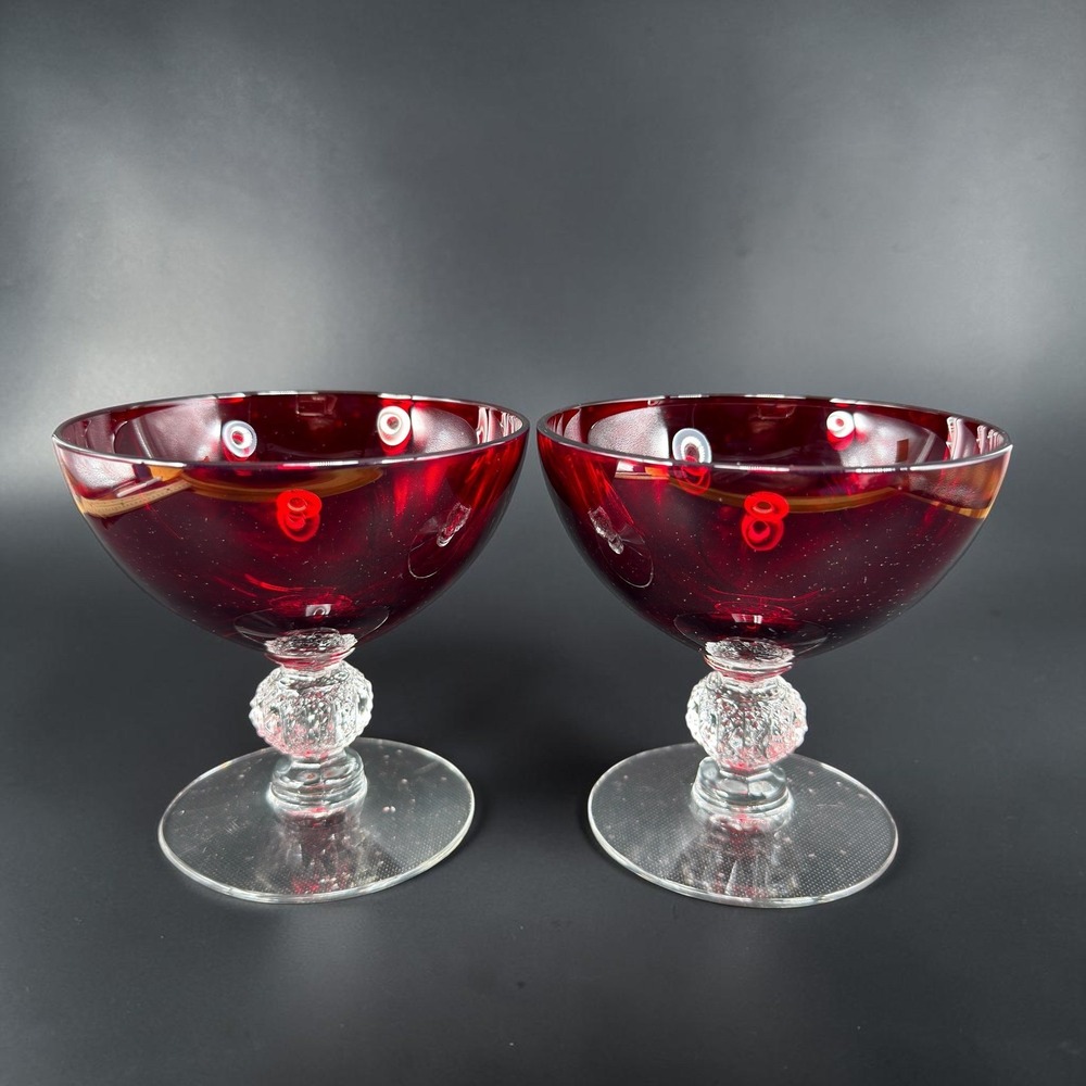 Morgantown Golf Ball Ruby Red Glass Coupe Champagne Dessert Textured Stem Set 2